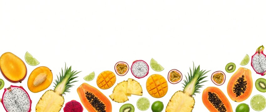 Tropical Fruits Border Banner on White Background with Copy Space