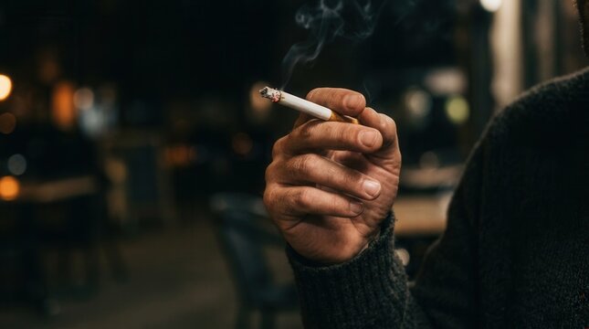 Close Up Of Person Holding Lit Cigarette With Smoke Rising