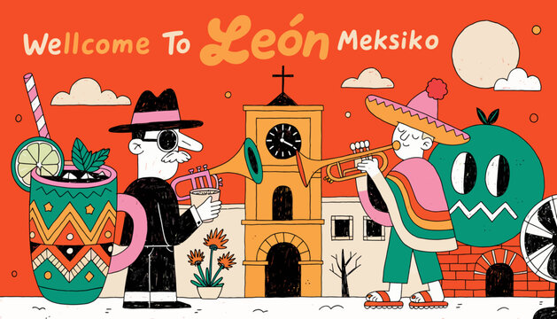 Welcome To Leon, Mexico - Festive Mexican Culture Illustration with Music, Drink, and Church