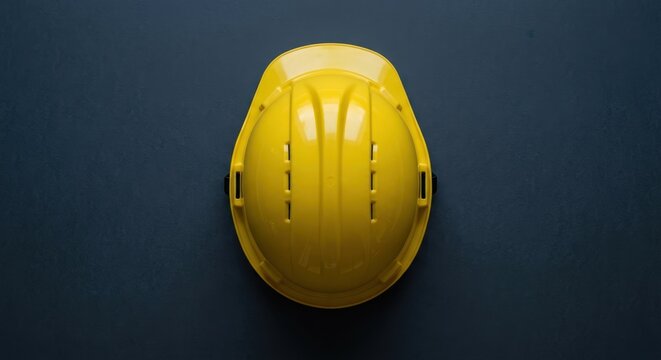 Top view of a bright yellow safety hard hat centered on a dark textured background, symbolizing industrial protection and construction site safety protocols.