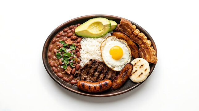A delicious and hearty traditional Colombian bandeja paisa served on a rustic brown plate, featuring a generous portion of beans, rice, grilled steak, sausage, crispy pork belly, plantain, fried egg.