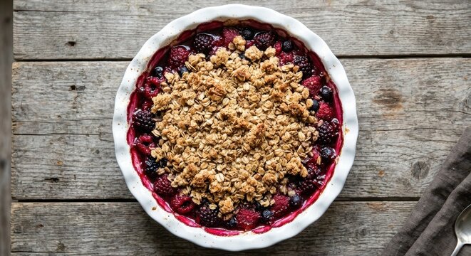 Top view of a freshly baked mixed berry crumble with golden oat topping in a white ceramic dish on a rustic wooden background, featuring blackberries, raspberries, and blueberries.
