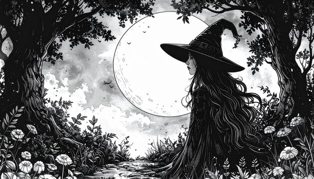 Black and white line art illustration of witch standing under full moon in forest