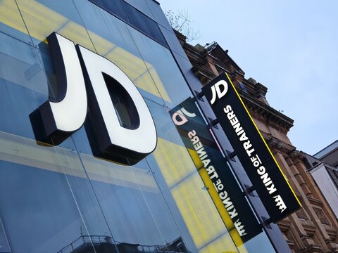 Newcastle upon Tyne,United Kingdom-11 February 2025:JD SPORTS store facade, sign closeup