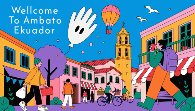 Ambato Ecuador Welcome Illustration: People, Hot Air Balloon, and Colorful Buildings in Vibrant Cityscape