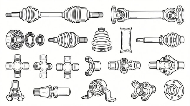 Car Drive Shaft CV Joint Line Art Doodle Element Set Hand Drawn Axle Constant Velocity Rubber Boot Grease Clamp U Joint Contour Black White Isolated White Background Completely Textless