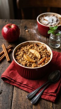 Warm homemade apple crumble topped with crunchy oat flakes and baked apple slices, served in a red ceramic ramekin on a rustic wooden table with cinnamon sticks and fresh red apple backdrop.