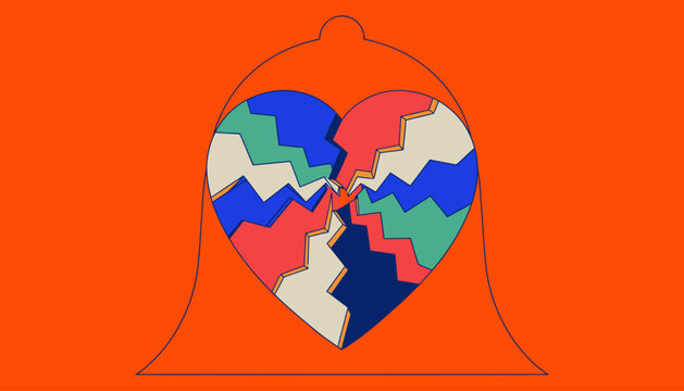 Abstract Geometric Broken Heart Inside Bell Shape on Orange Background, Love Concept