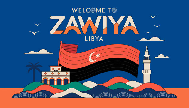 Welcome to Zawiya, Libya - Illustration with Flag, Minaret, and Coastal Landscape