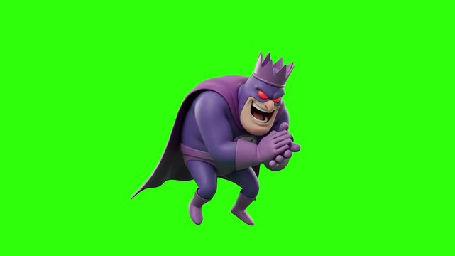 A sneaky 3D cartoon evil king or purple villain in a crown and cape sinisterly rubbing his hands together with a mischievous grin, isolated on a solid green chroma key background. Excellent for RPG vi