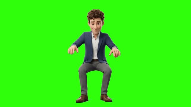A focused 3D cartoon male pianist sitting and playing an invisible piano keyboard with expressive hand movements, isolated on a solid green chroma key background. Perfect for music lessons, classical 