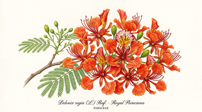 Detailed botanical of a royal poinciana branch with vibrant orange flowers, green buds, and feathery leaves on a plain off-white background