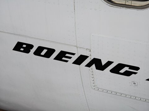Lanzarote Airport,Spain-12 February 2025:Boeing logo on a passenger aircraft fuselage