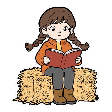 Cute cartoon schoolgirl with braided pigtails reading a book while sitting on a hay bale with autumn theme illustration isolated on transparent background