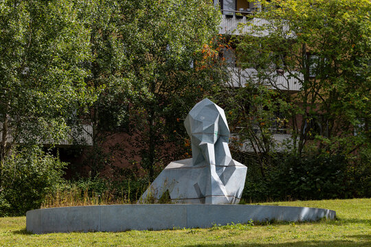 Stockholm, Sweden Str&aring;kparkens j&auml;tte (the Str&aring;kparken Giant), a low-poly concrete public sculpture created by French artist Xavier Veilhan in November 2020 in the Varberg district.