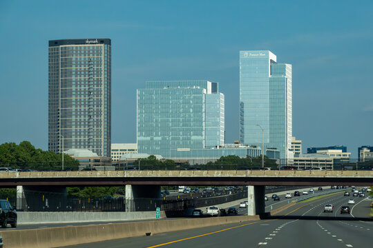 Reston, Virginia, USA  A highway of the Reston suburb with skyscrapers and Interstate and Dulles Access Road.