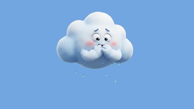 A fluffy 3D cartoon cloud mascot character with sad eyes covering its face as rain drops fall from underneath, isolated on a light blue studio backdrop. Ideal for weather app animations, children's em