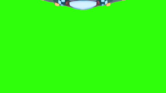 A sleek futuristic sci-fi UFO spaceship entering the frame from the top edge with glowing engine lights, isolated on a solid green chroma key background. Great for alien invasion scenes, sci-fi video 