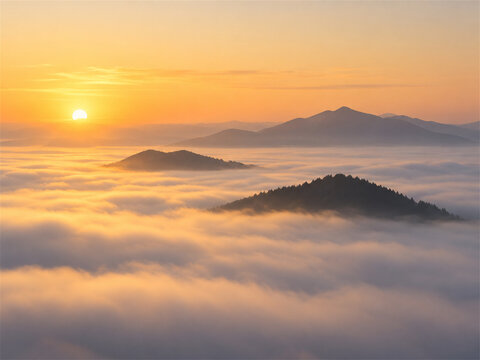 Mountain peaks rising above a soft sea of clouds at sunrise with warm golden light and distant layered ridges creating a tranquil high altitude landscape during a dramatic fog inversion