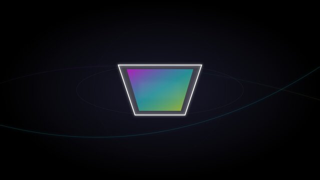 Abstract glowing neon trapezoid shape with colorful gradient center on dark background