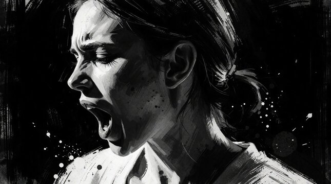 Woman shouts in anger, mouth open wide in a distressed scream. Expressive face shows intense fury and anguish. Black and white illustration style depicts raw emotion.