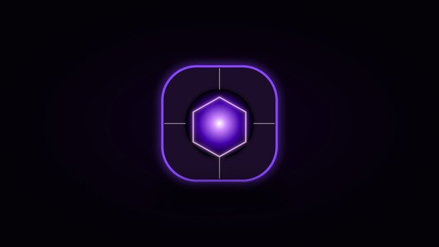 Glowing purple hexagon icon with neon light and futuristic sci fi interface