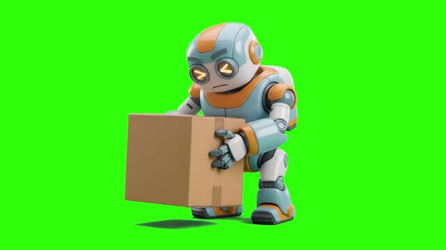 A cute 3D cartoon android robot carrying a heavy cardboard parcel box, isolated on a chroma key green screen background. Perfect for automated logistics promos, AI delivery service ads, futuristic war