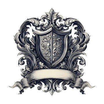 Vintage ornate shield crest with blank banner isolated on white background