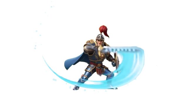 3D stylized medieval knight in shining armor swinging a glowing sword with magical motion trails isolated on a clean white studio background. Excellent for fantasy game trailers, medieval battle promo