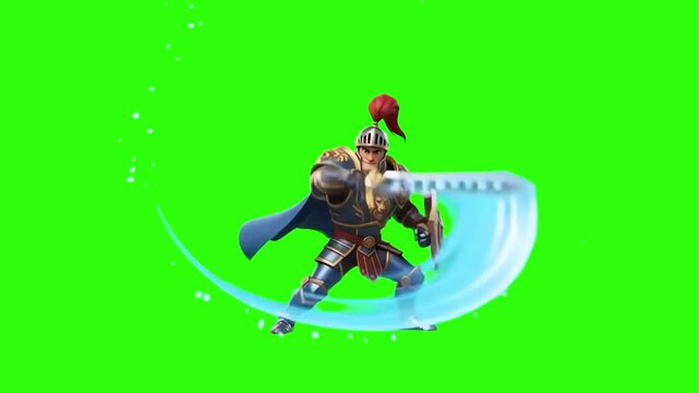 A brave 3D cartoon knight in full armor and cape swinging a broadsword with a glowing blue energy slash trail, isolated on a solid green chroma key background. Perfect for fantasy RPG games, action se