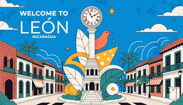 Welcome to Leon Nicaragua - Vibrant Cityscape with Clock Tower and Bird Illustration