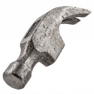A close-up, detailed shot of a rustic, metallic claw hammer head, showing its worn texture and design, isolated on a white background.