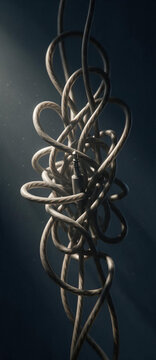 Vertical photo of a tangled audio cable forming a complex knot with a 3.5mm jack in the center. Close up of messy headphone wires under dramatic lighting. Frustration and problem solving concept