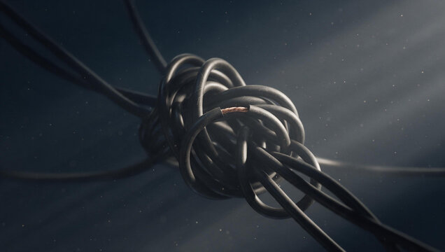 Tangled black cable tied in a tight knot. Damaged headphone cord with exposed copper wire. Frustration and technical problem concept