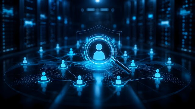 Glowing digital shield protecting user data in server room representing cybersecurity privacy and global network protection.