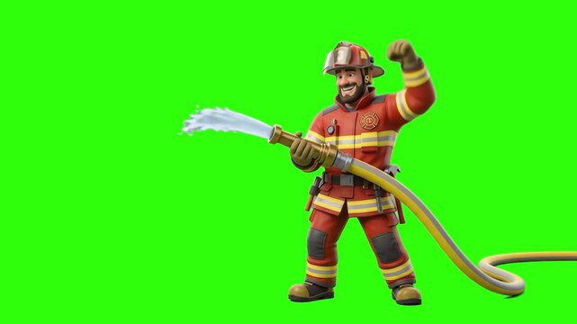 A hero 3D cartoon firefighter in protective uniform aiming and spraying water from a fire hose nozzle, isolated on a chroma key green screen background. Designed for fire prevention campaigns, public 