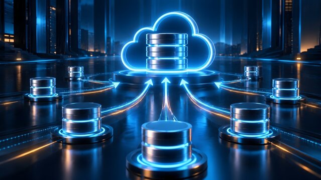 Glowing blue cloud computing symbol with arrows transferring data from multiple database servers representing cloud migration and secure network backup.