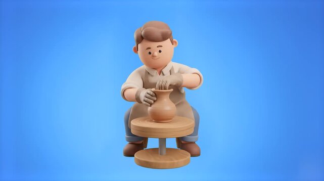 A skillful 3D cartoon ceramic artist crafting a clay pot on a rotating potter's wheel, isolated on a smooth blue studio backdrop. Perfect for art class advertisements, creative workflow clips, DIY cra