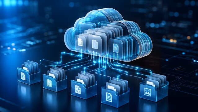 Glowing digital cloud computing symbol connecting multiple folders with document icons representing secure online data storage and file management.