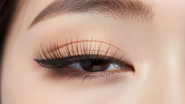 Elegant Eye Makeup: A close-up view showcases a meticulously applied eye makeup, highlighting long lashes, a delicate eyeliner wing, and subtle eyeshadow, enhancing natural beauty.