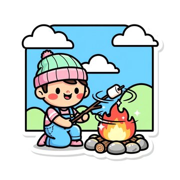 Cute Boy Roasting Marshmallows Over Campfire Sticker.