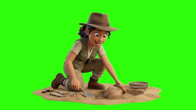 A focused 3D cartoon female archaeologist in a safari hat kneeling down to carefully dig and unearth artifacts on an excavation site, isolated on a solid green chroma key background. Perfect for histo