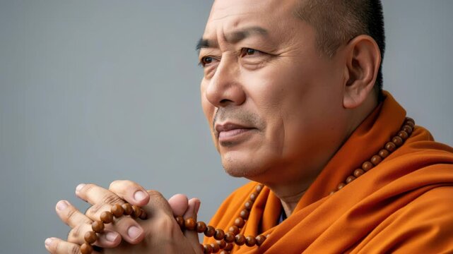 Spiritual Serenity: A devoted monk, adorned in saffron robes, clasps prayer beads with closed eyes, embodying deep contemplation and inner peace in a moment of quiet devotion.