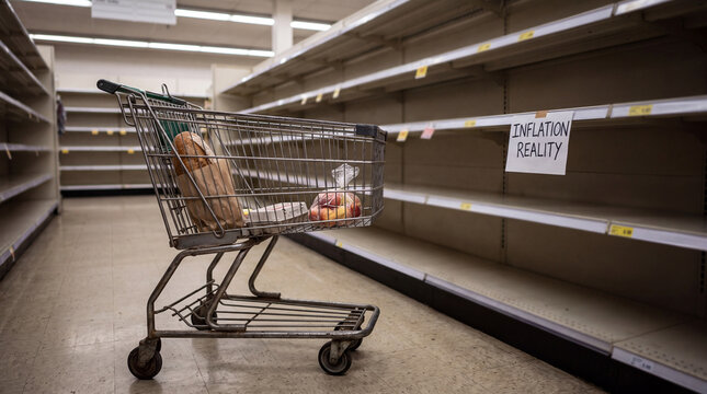 Shopping cart with bread groceries in empty supermarket aisle, inflation reality sign on shelf