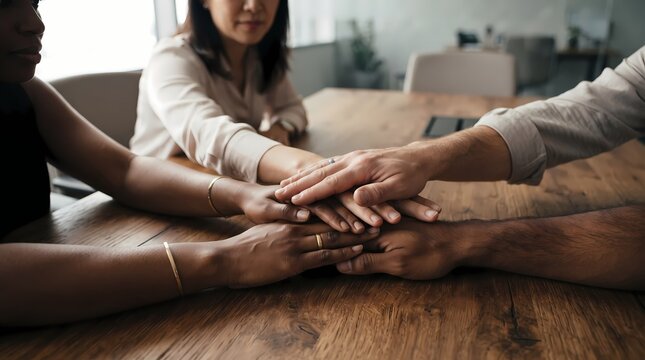 Diverse professional business colleagues placing hands together on wooden table to show unity and solidarity during workplace meeting session for successful corporate project collaboration and