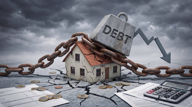 Debt crisis mortgage burden home under chain broken house financial stress foreclosure risk loan debt economic decline property crisis fallen market
