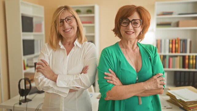 Two middle aged women with arms crossed and glasses standing in a building; confidence teamwork expertise.