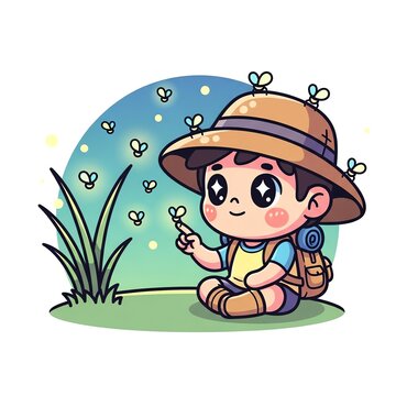 Cute Cartoon Boy with Fireflies at Night.