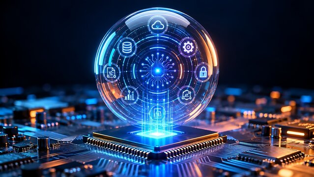 Digital technology sphere with icons over computer motherboard