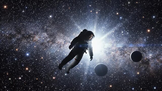 Astronaut floating in deep space with glowing stars and planets in the background